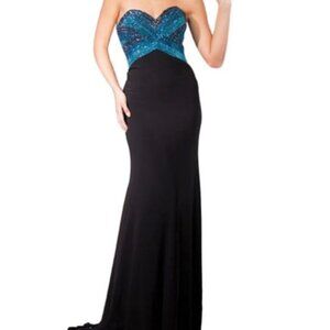 Tony Bowls Le Gala Black Blue Beaded Strapless Jersey Dress